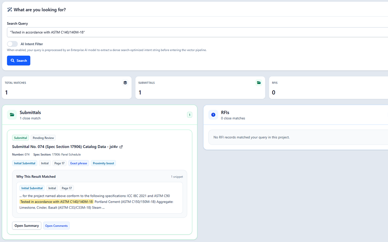 ConstructFlow AI evidence view preview with source-backed answer and page references.