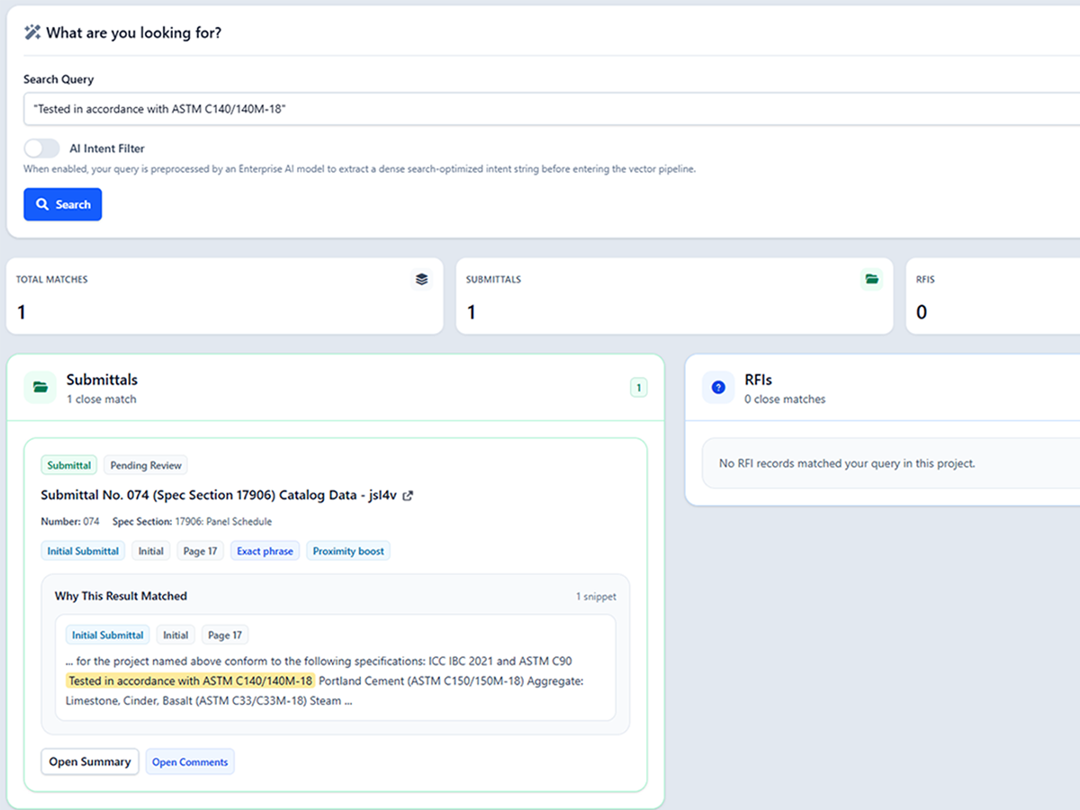 ConstructFlow AI answer panel showing suggestions tied to source RFIs, submittal comments, and PDF pages.