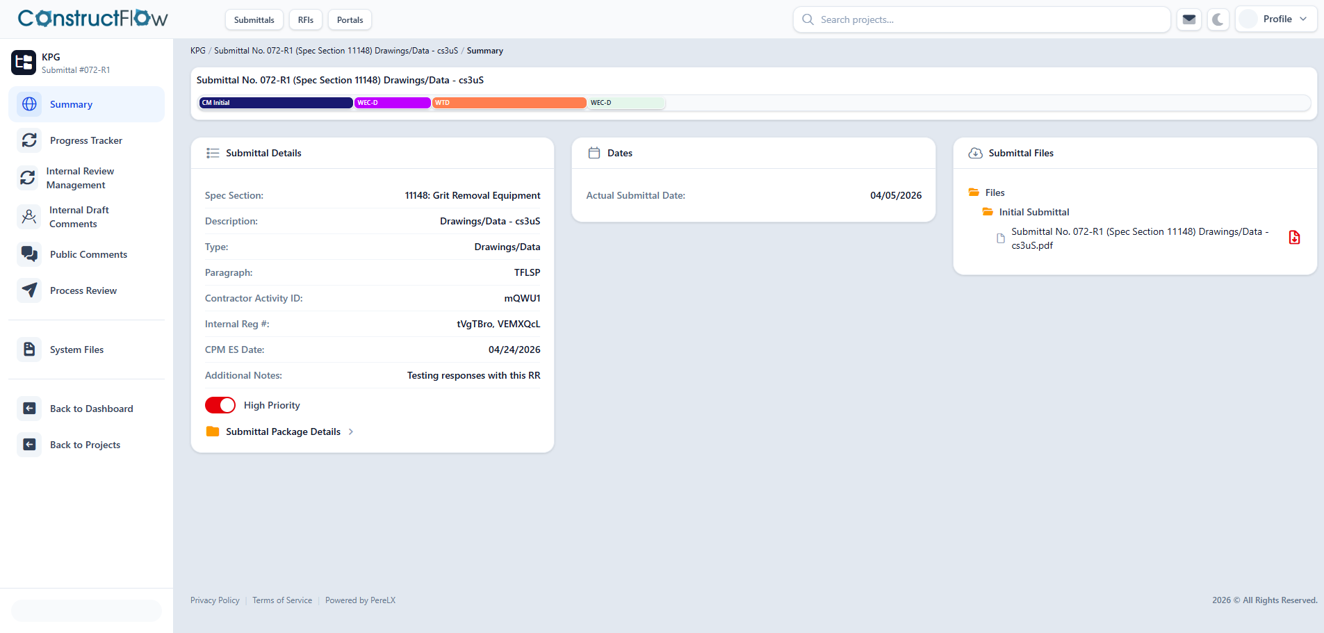 ConstructFlow Submittal and RFI review dashboard preview with status, comments, and source evidence cards.