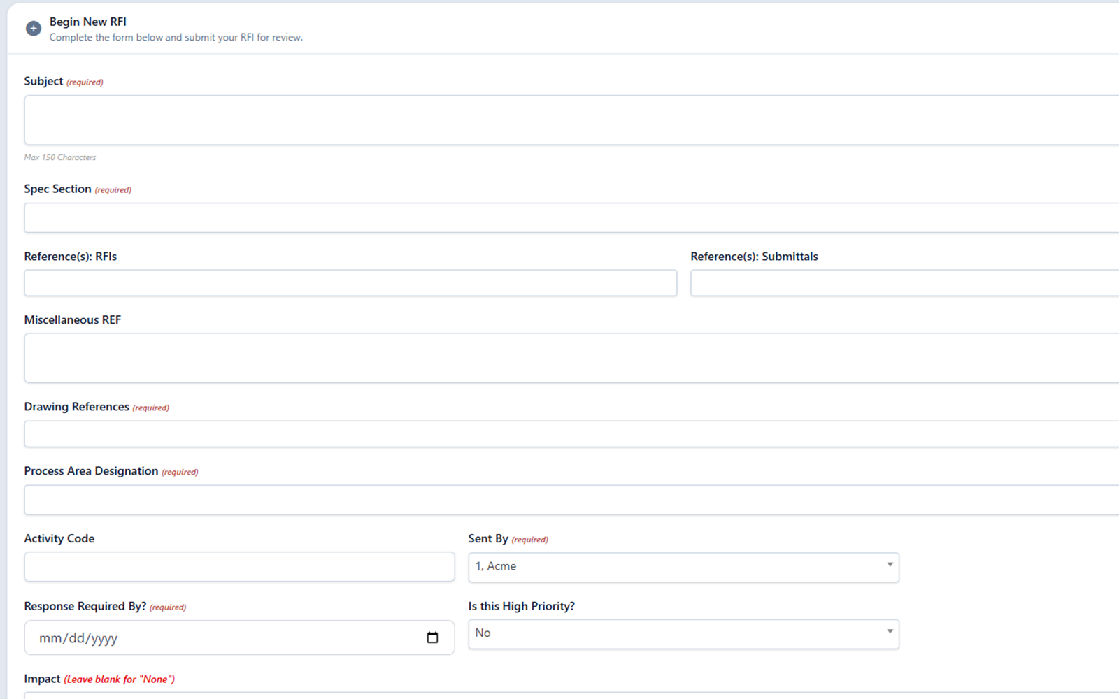 RFI question with linked design references, related Submittals, attached PDFs, and review queue.