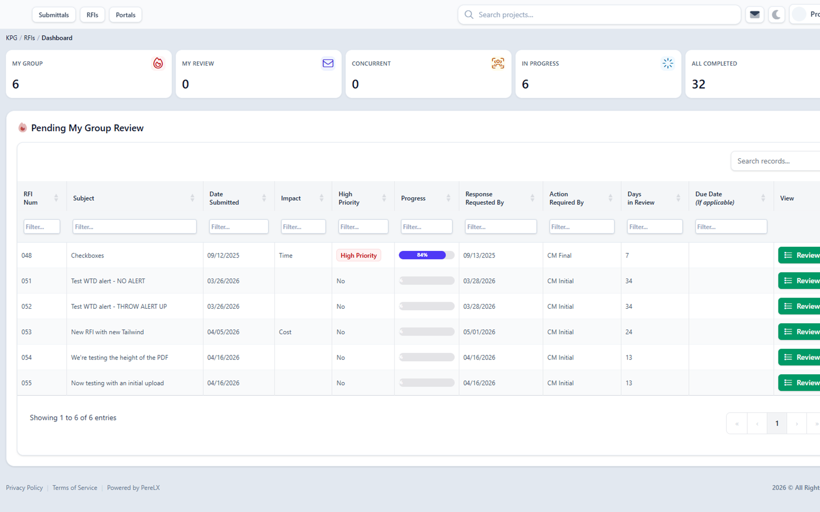 RFI workflow with related Submittals, attachments, and AI-drafted response language pending reviewer approval.