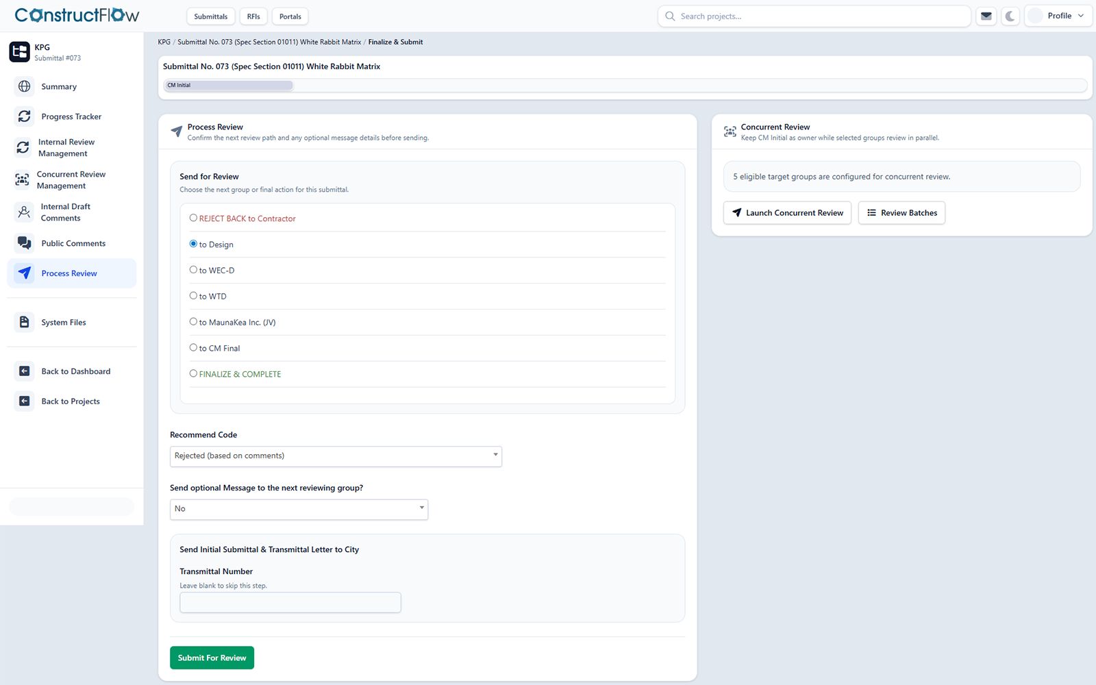 Submittal routed through internal review group then external reviewer, with comment thread and final status.